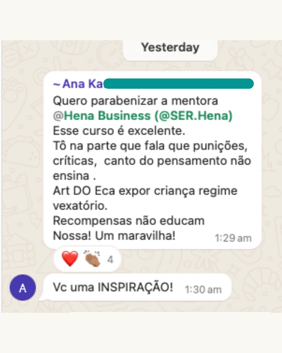 Depoimento de aluna do Workshop no WhatsApp