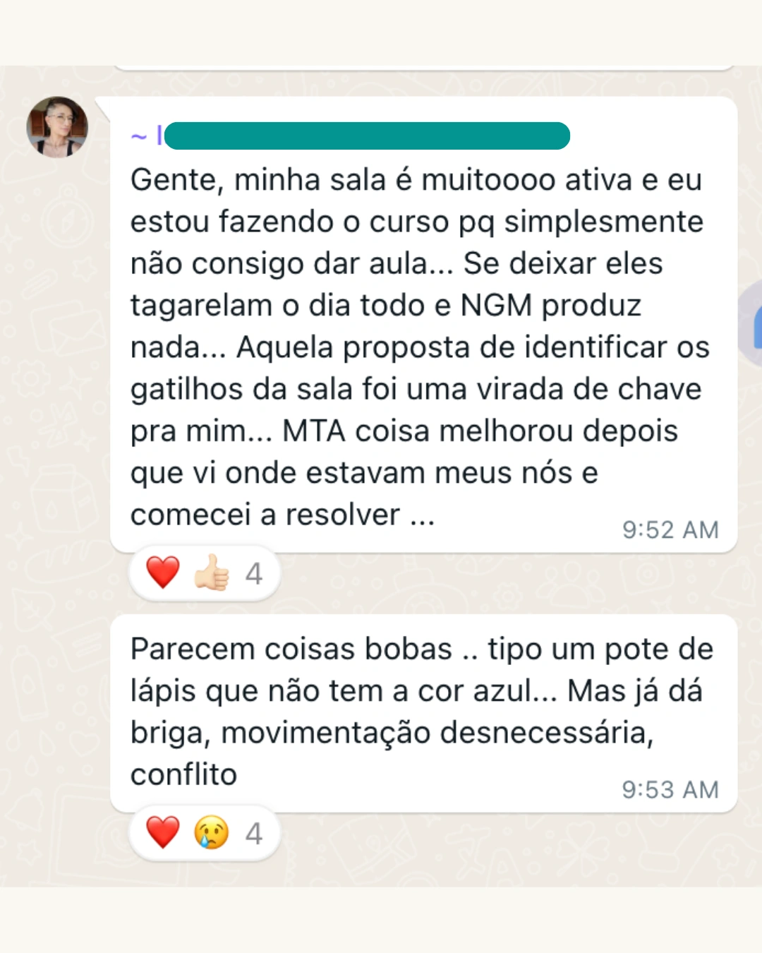 Depoimento de aluna do Workshop no WhatsApp